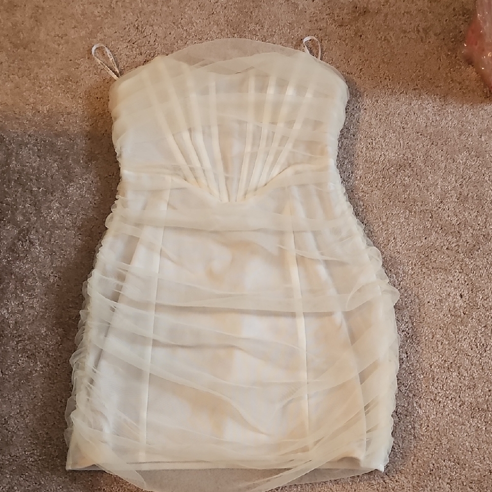 White Fox Strapless Sheer Overlay Cocktail Dress in Cream